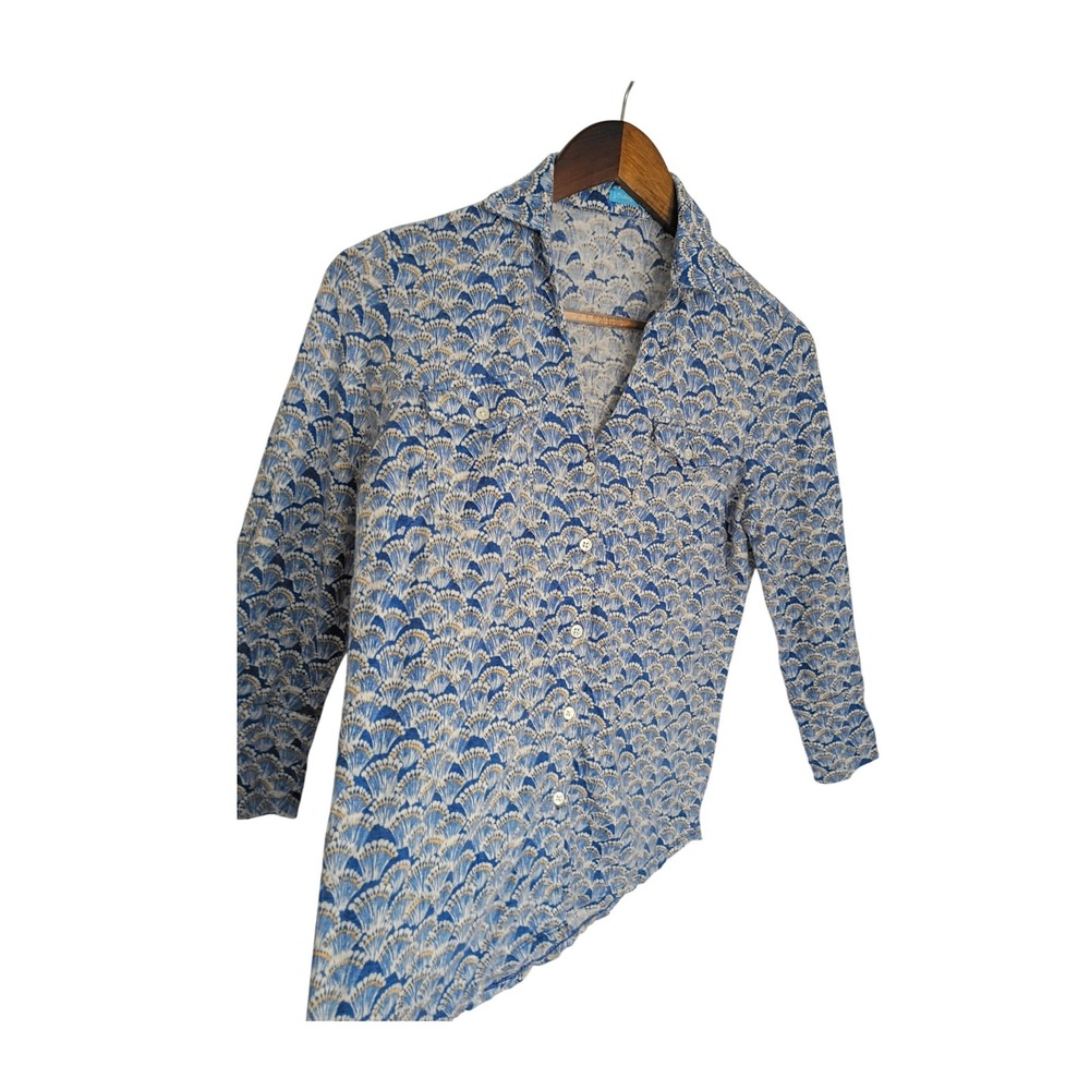J.McLaughlin Blue Fan Print Linen Blend Button Down Shirt Fits S 3/4 Sleeve $168